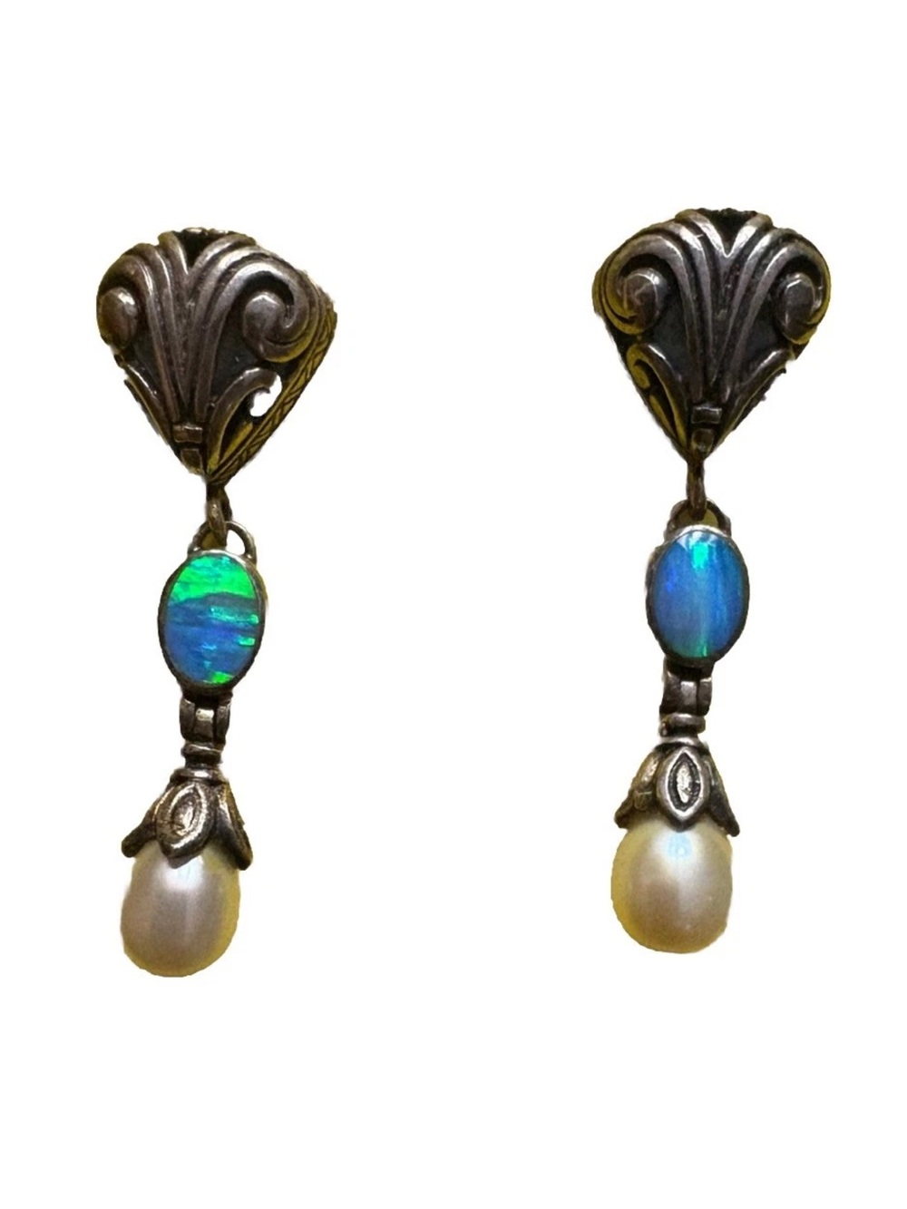 925 Sterling Silver Earrings VTG  Art Deco Boulder Opal & Pearl dangle RARE